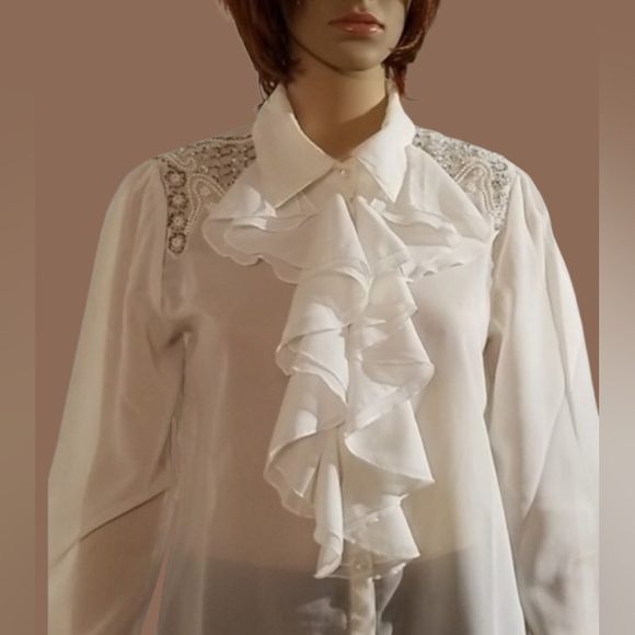 Vintage Victorian Bib Ruffle Beaded Poet Blouse Top Shirt / Sz 6 / Off-white - Picture 3 of 15